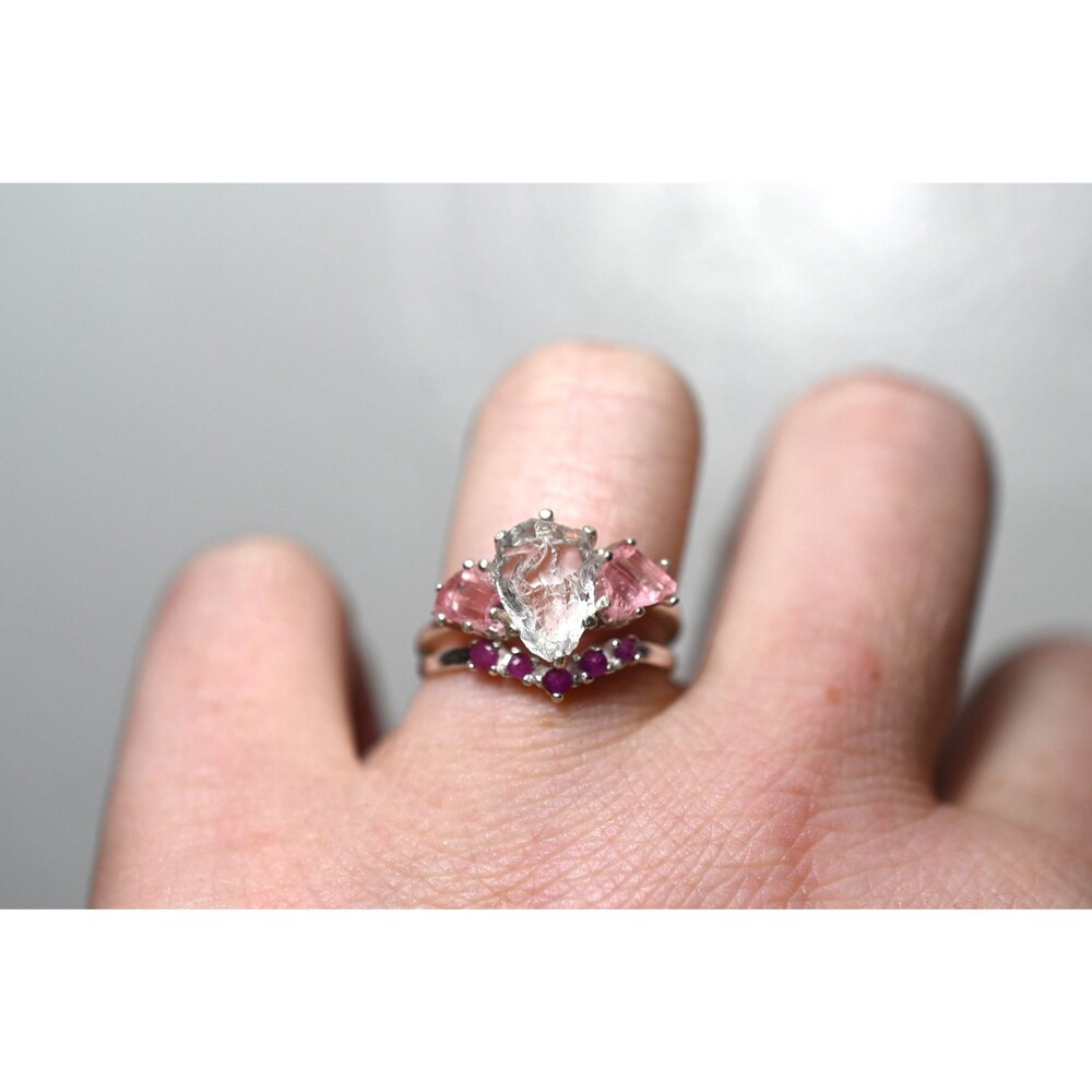 Pink tourmaline ruby engagement ring set, raw stone ring, alternative engagement